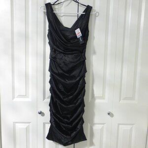 LE CHATEAU black silky satin ruched cocktail party midi dress